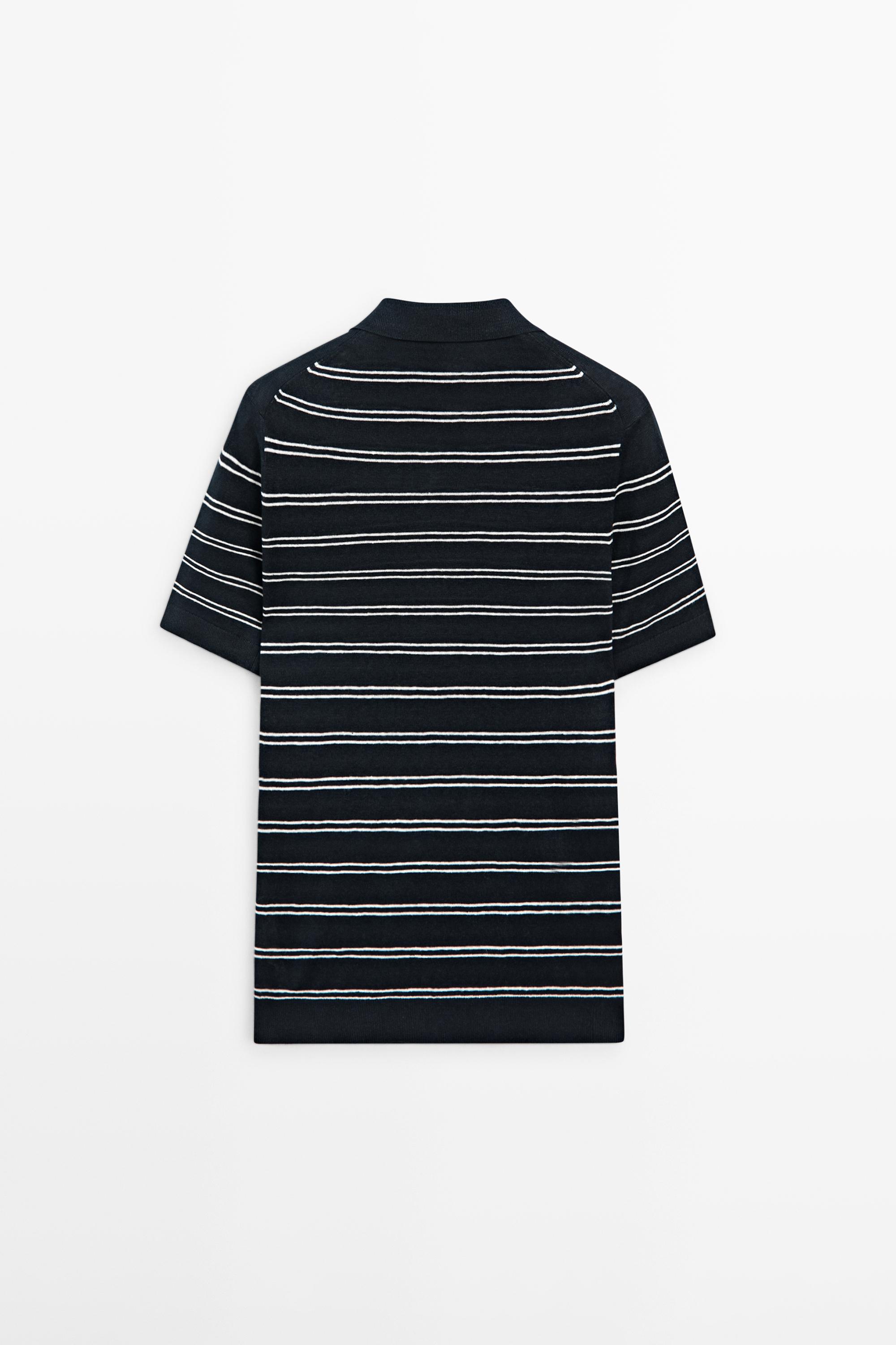 Striped 100% linen V-neck polo shirt